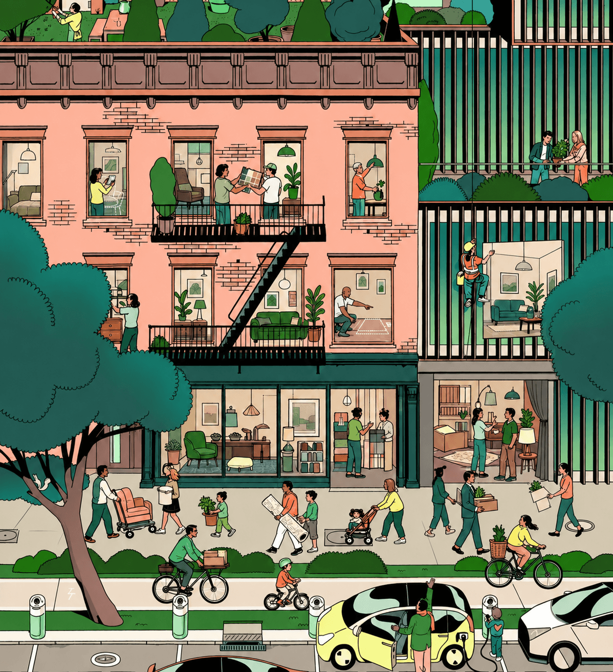 Illustrated neighborhood showing products becoming part of real homes