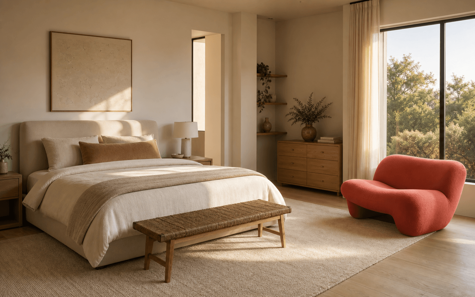 Coral lounge chair placed in a styled bedroom