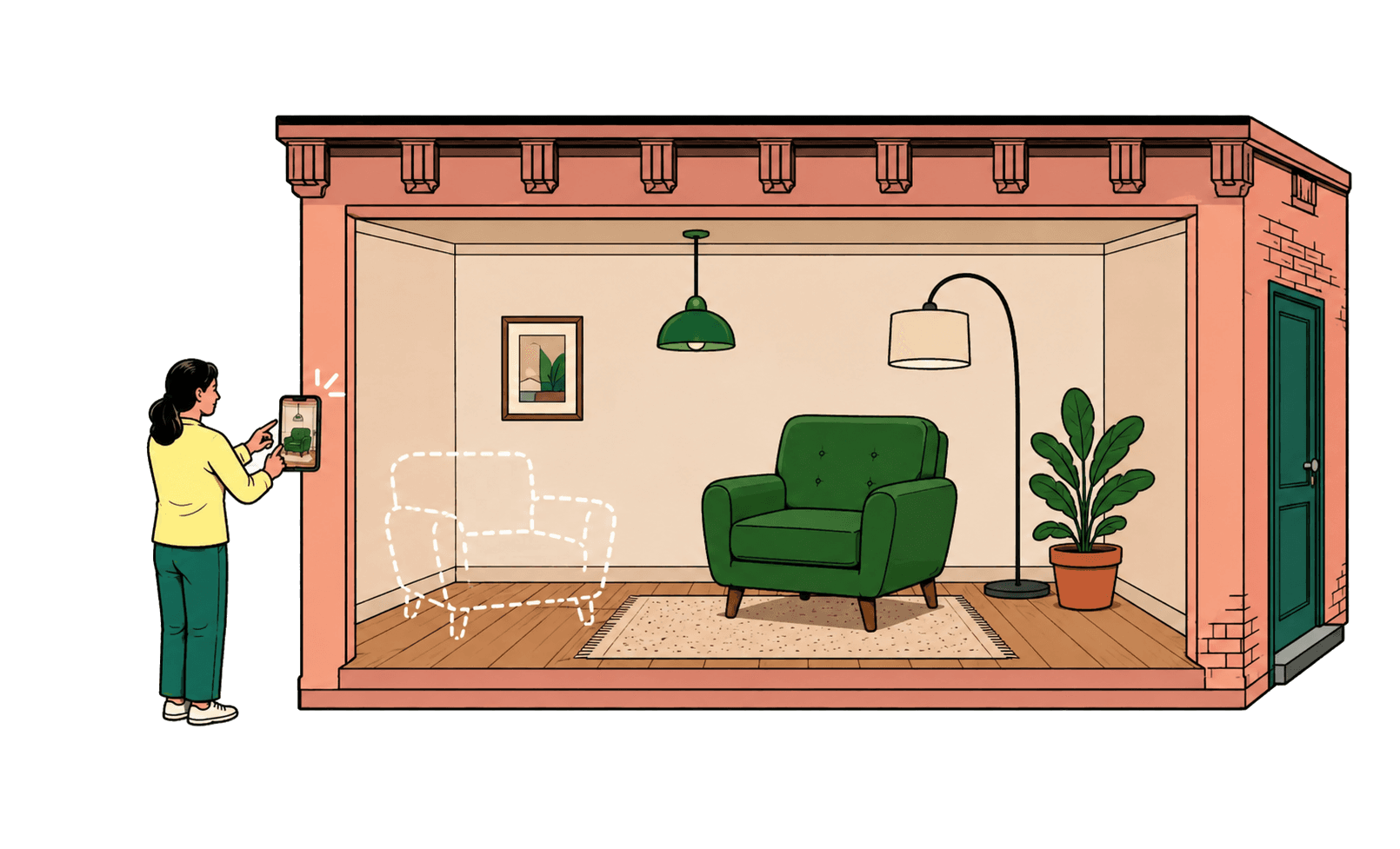 A shopper viewing an armchair visualization in her room on her phone
