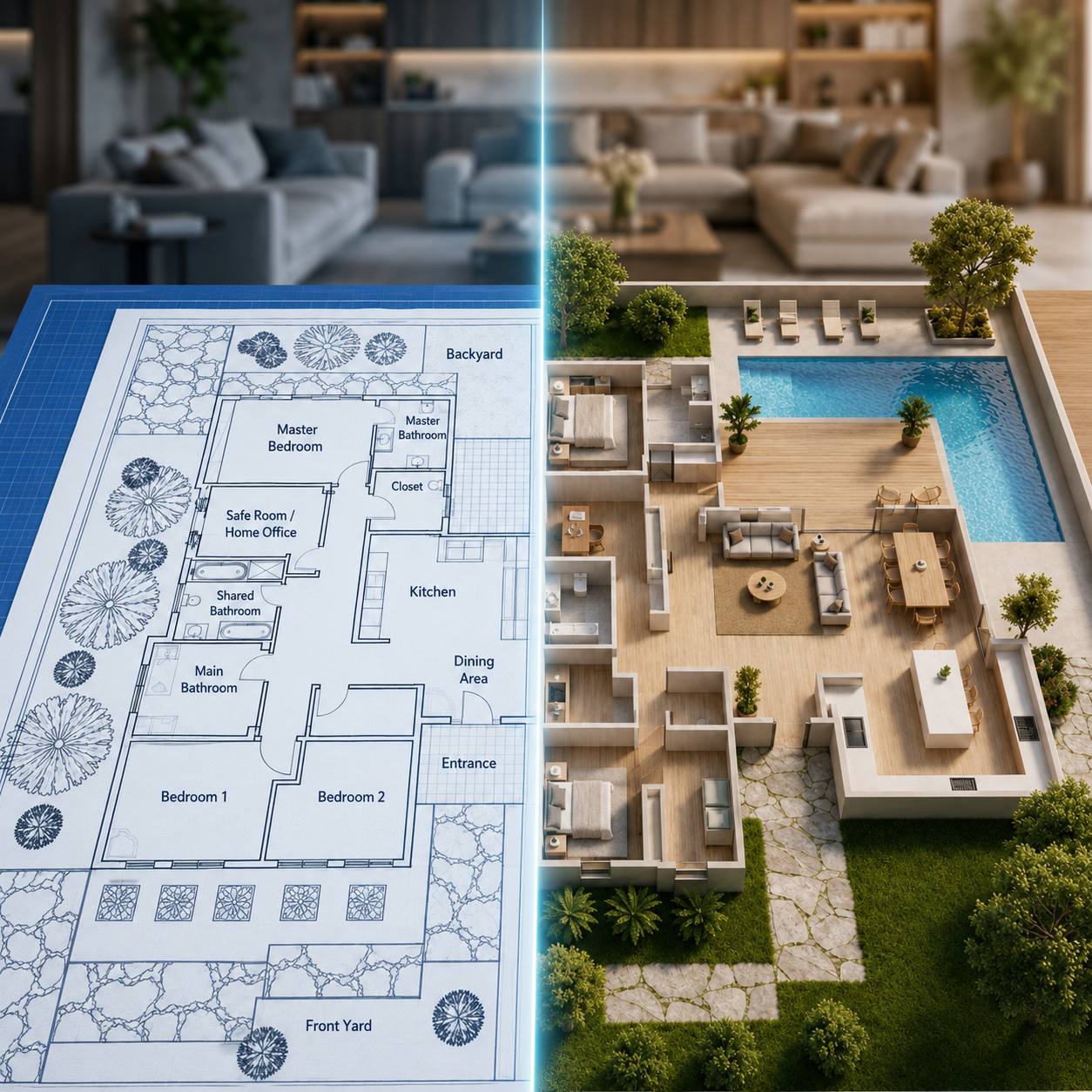 A blueprint transformed into a designed 3D floor plan